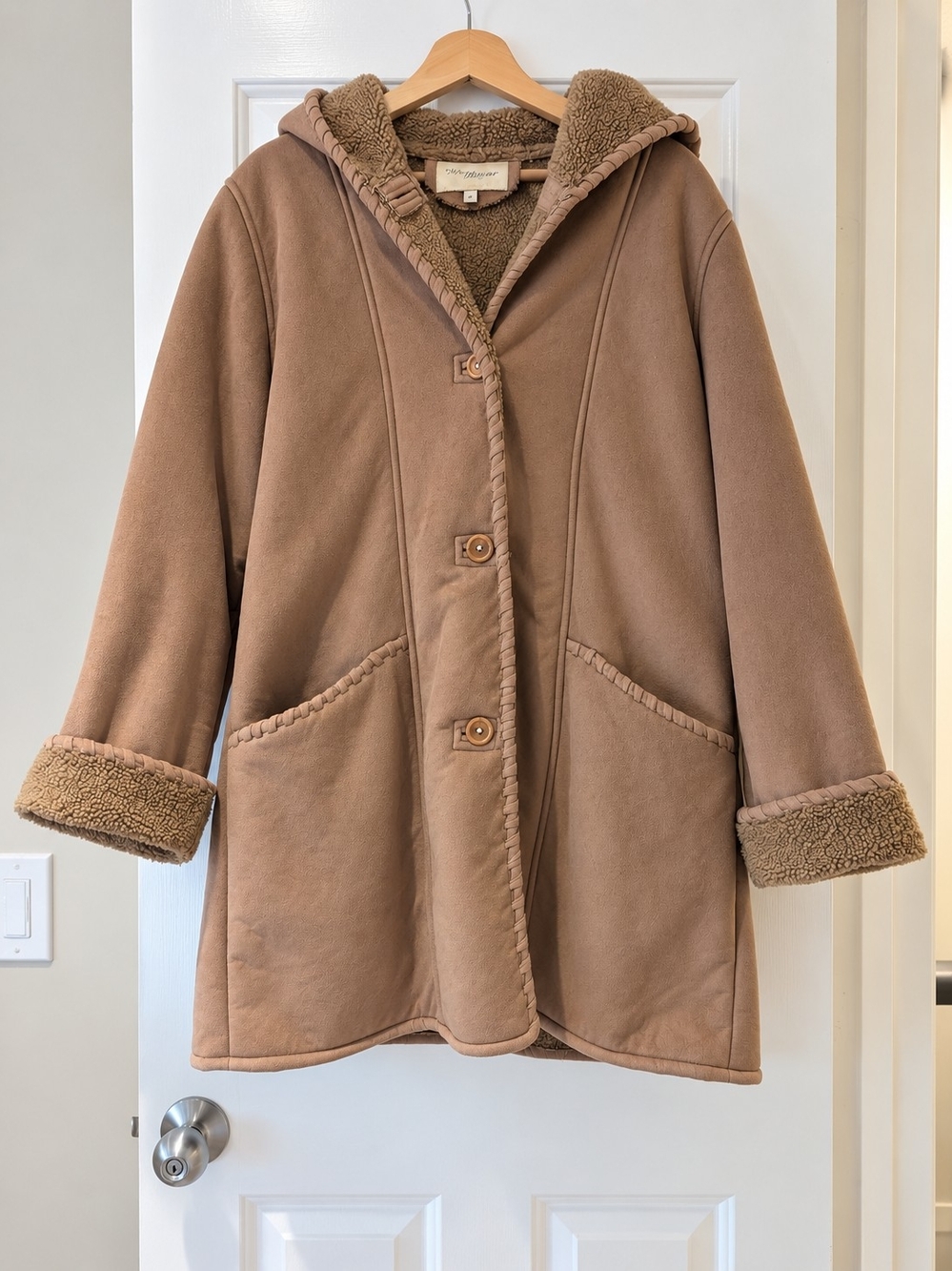 Vintage Penmans Faux Suede Shearling Penny Lane Coat Camel Hooded Sherpa Boho L